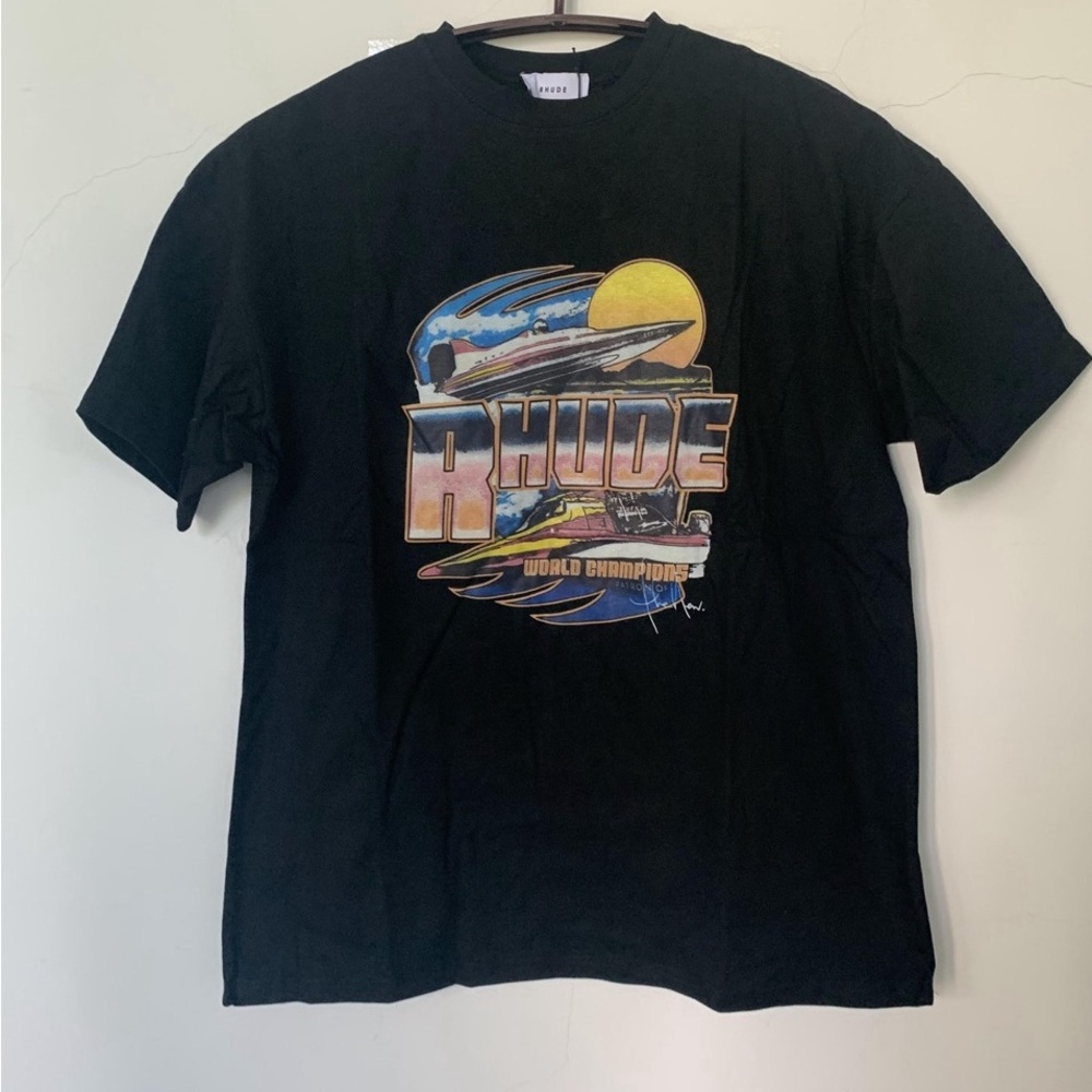 Rhude Black Graphic Tee with Yellow and Blue Accents
